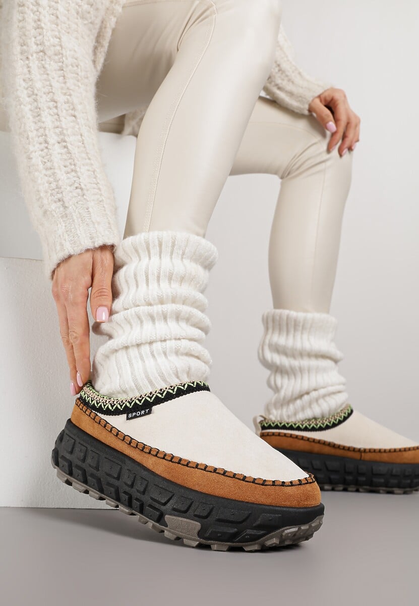 Beżowe Śniegowce na Platformie z Tłoczeniem i Niską Cholewką Violova 1