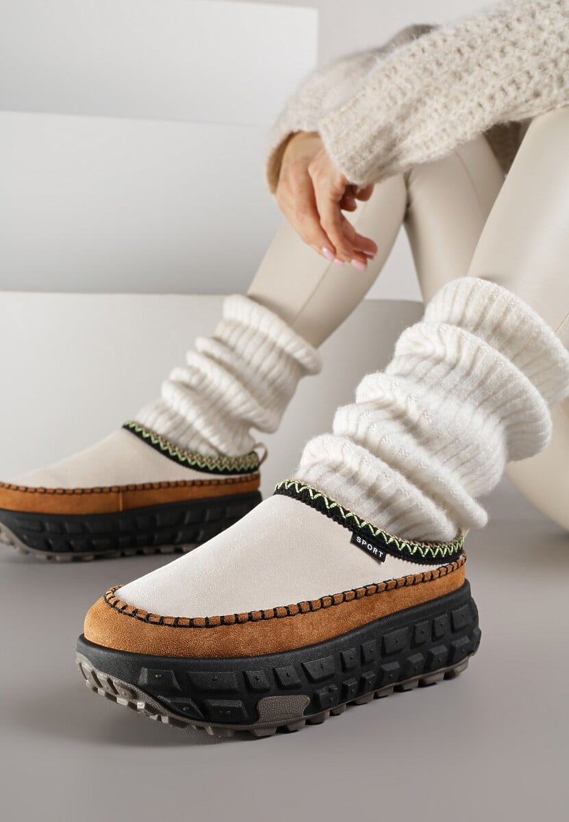 Beżowe Śniegowce na Platformie z Tłoczeniem i Niską Cholewką Violova 3