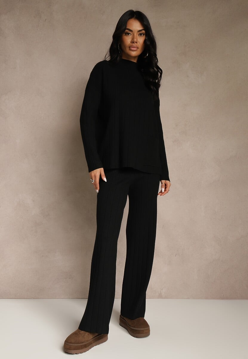 Czarny Komplet Dzianinowy Spodnie o Szerokim Kroju i Sweter Półgolf Datusa 1