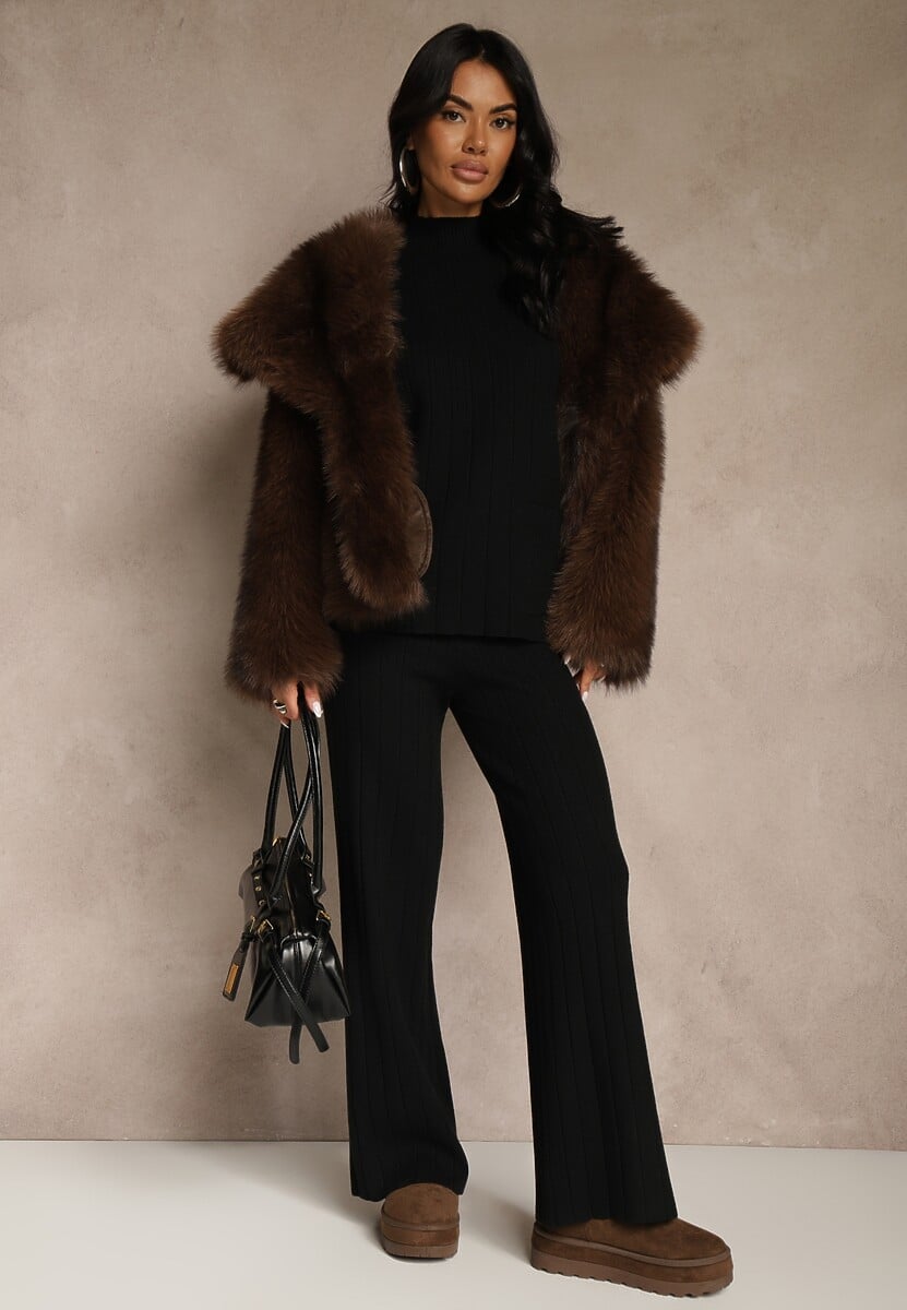 Czarny Komplet Dzianinowy Spodnie o Szerokim Kroju i Sweter Półgolf Datusa 2