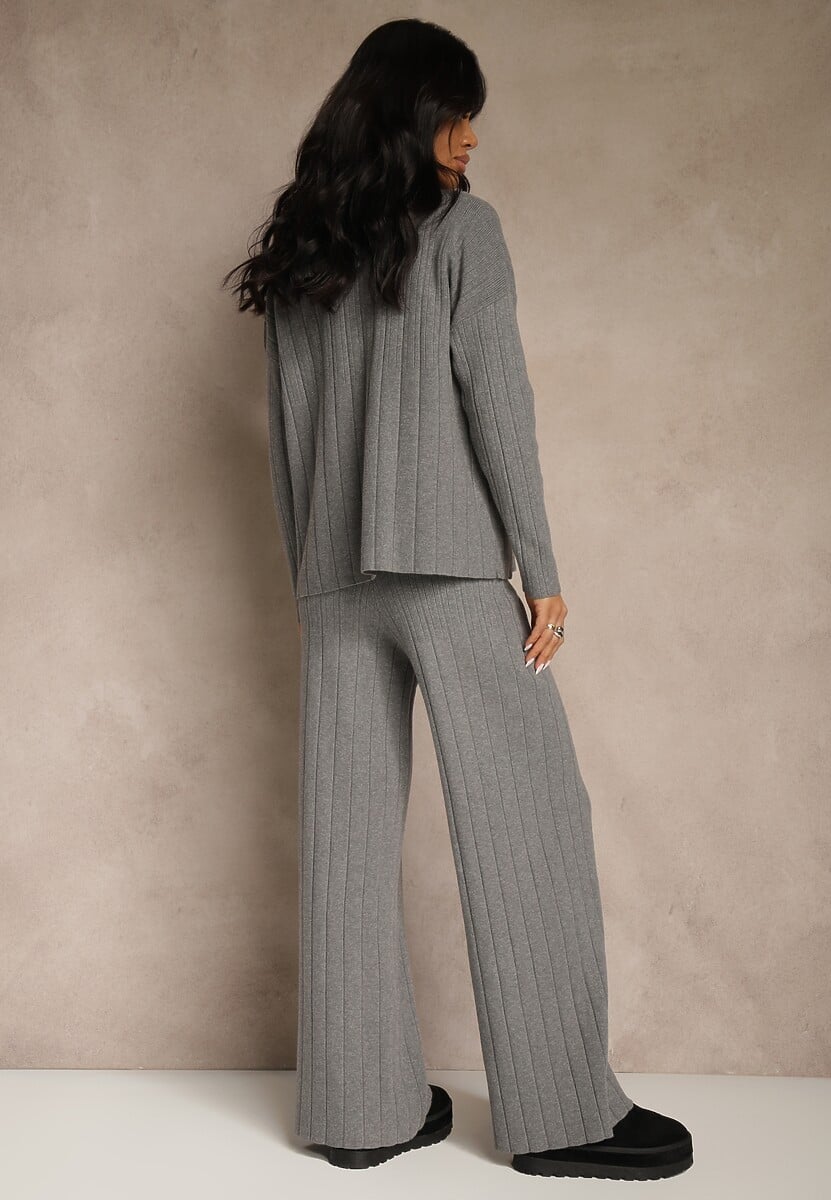 Szary Komplet Dzianinowy Spodnie o Szerokim Kroju i Sweter Półgolf Datusa 3