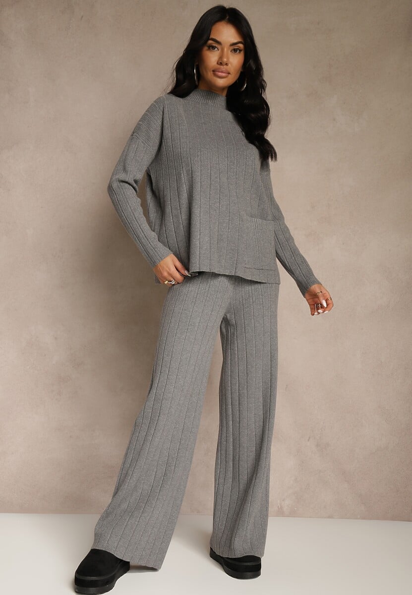 Szary Komplet Dzianinowy Spodnie o Szerokim Kroju i Sweter Półgolf Datusa 1