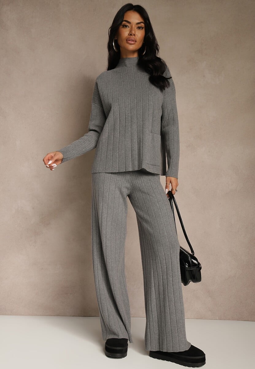 Szary Komplet Dzianinowy Spodnie o Szerokim Kroju i Sweter Półgolf Datusa 2