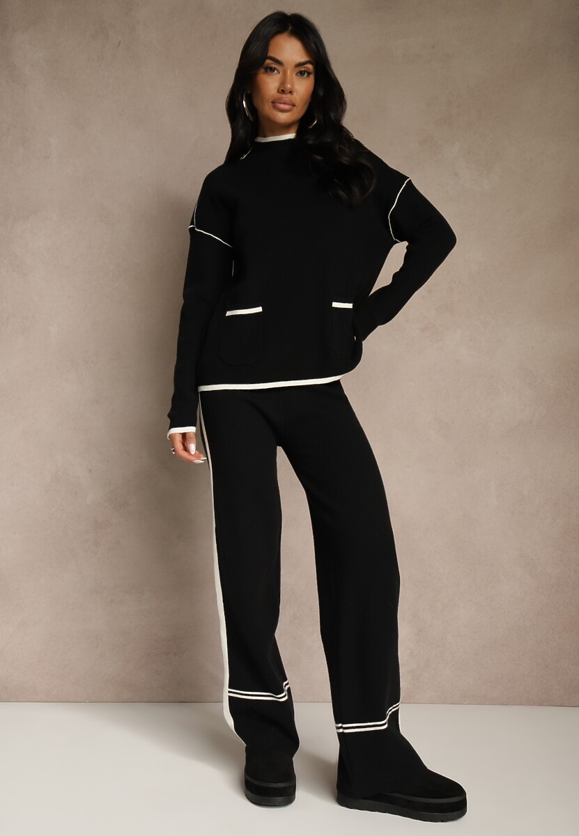 Czarny Komplet Dzianinowy Sweter i Spodnie o Szerokim Kroju Ozdobione Lamówką Wedara 1