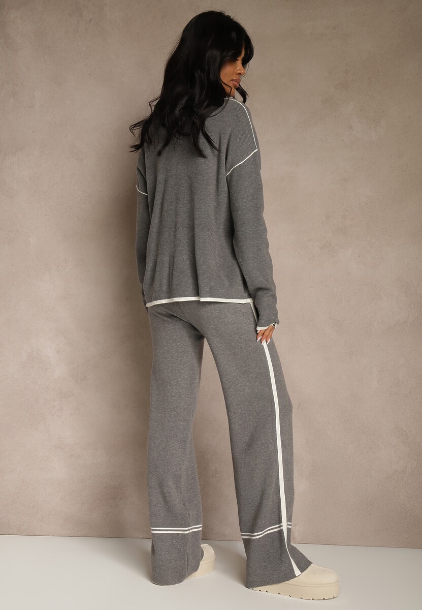 Szary Komplet Dzianinowy Sweter i Spodnie o Szerokim Kroju Ozdobione Lamówką Wedara 3