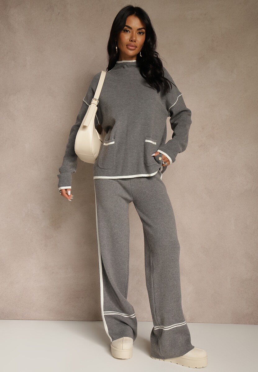 Szary Komplet Dzianinowy Sweter i Spodnie o Szerokim Kroju Ozdobione Lamówką Wedara 2