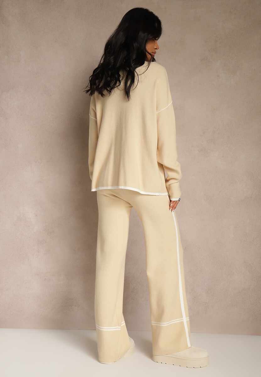 Jasnobeżowy Komplet Dzianinowy Sweter i Spodnie o Szerokim Kroju Ozdobione Lamówką Wedara 3