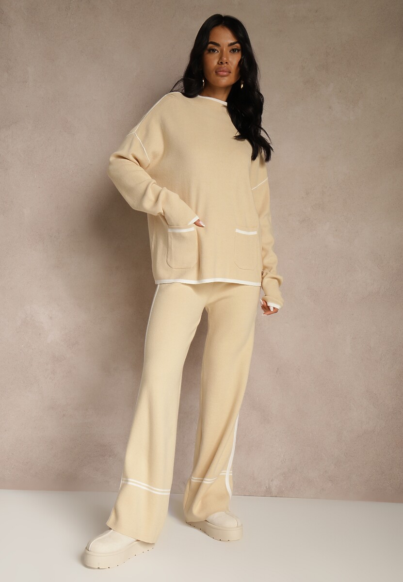 Jasnobeżowy Komplet Dzianinowy Sweter i Spodnie o Szerokim Kroju Ozdobione Lamówką Wedara 1
