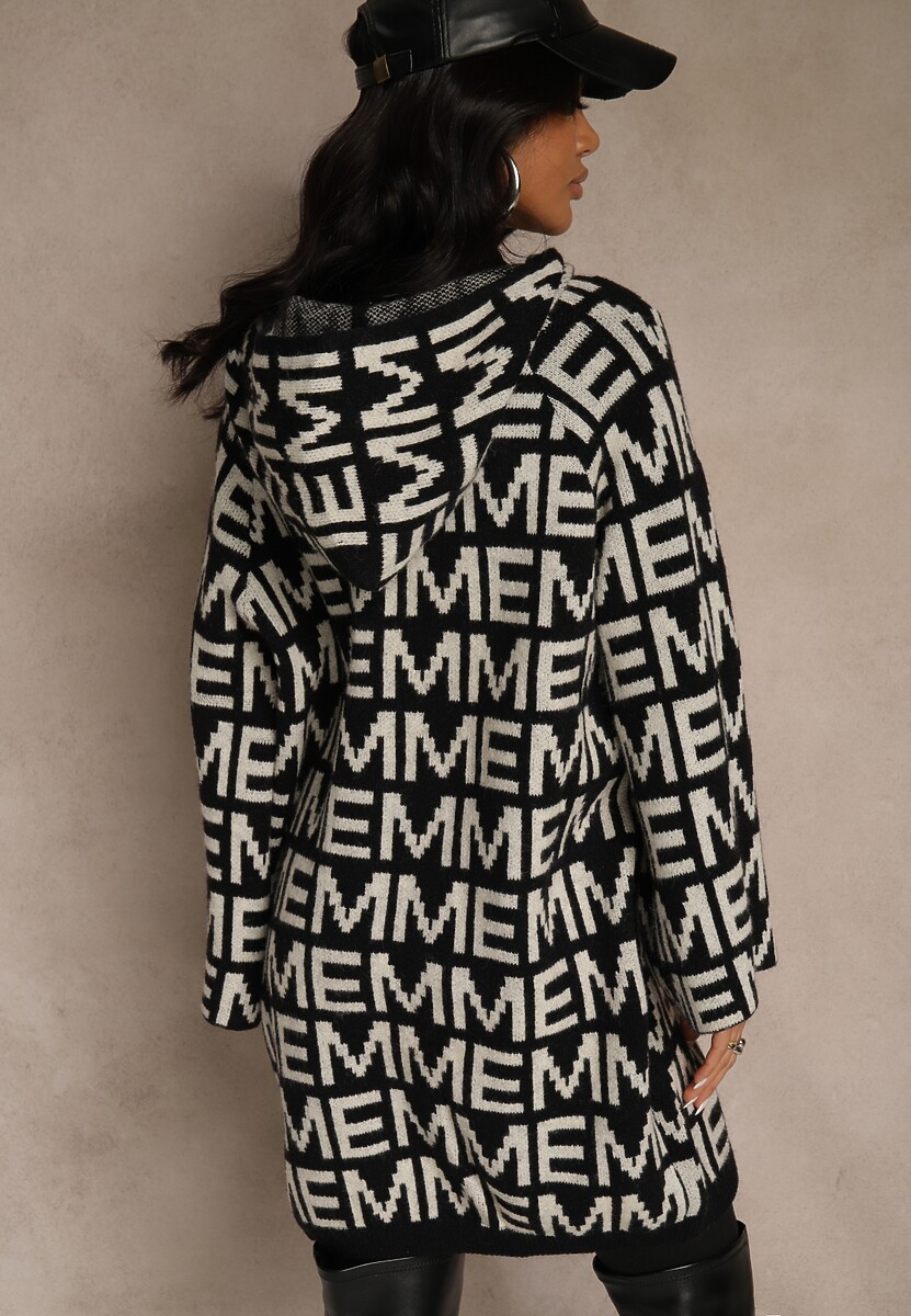 Czarno-Biały Kardigan na Suwak z Kapturem w Literowy Wzór Calitusa 3