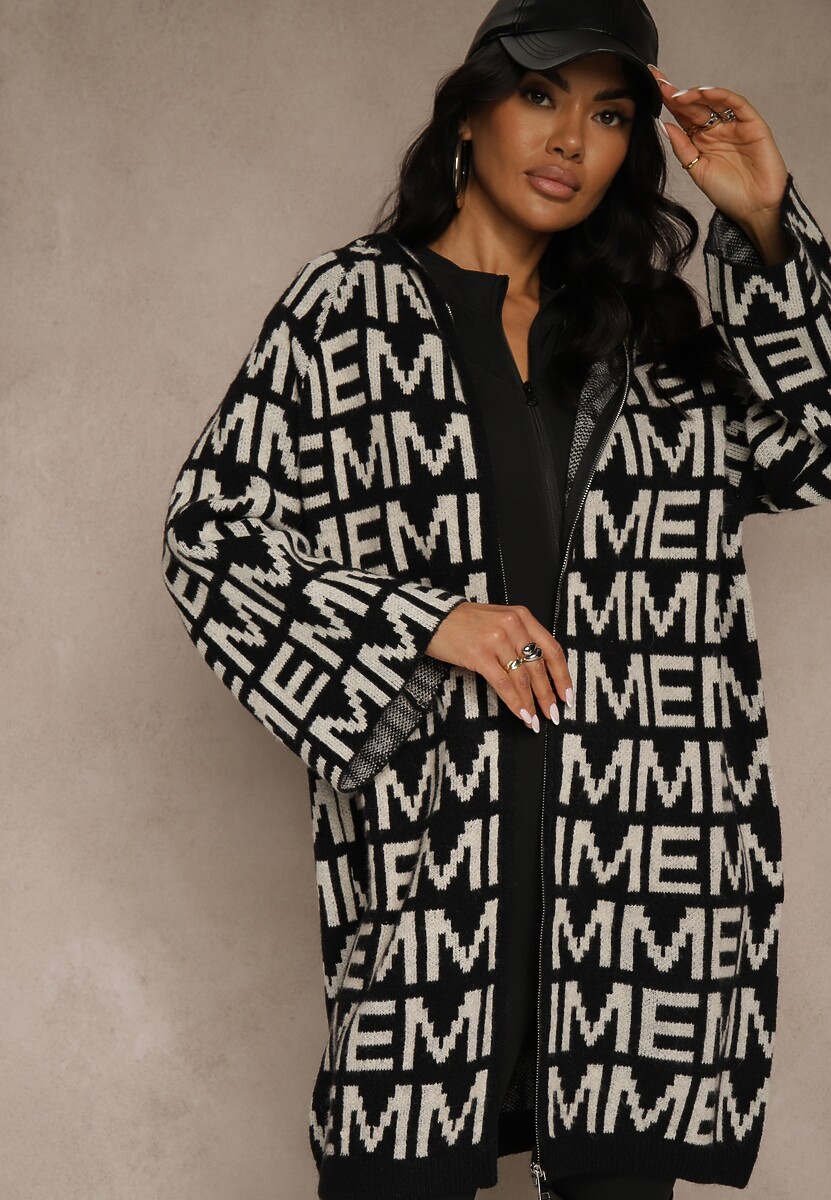 Czarno-Biały Kardigan na Suwak z Kapturem w Literowy Wzór Calitusa 1