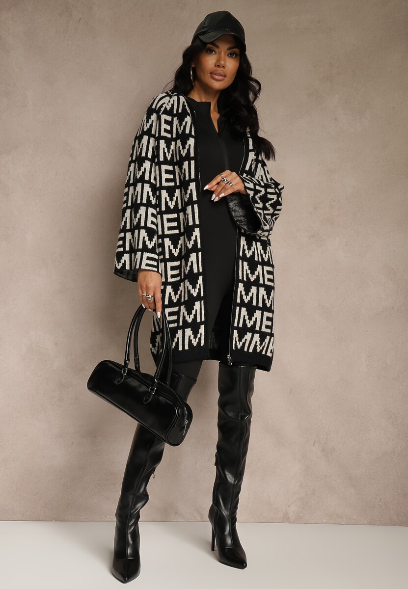 Czarno-Biały Kardigan na Suwak z Kapturem w Literowy Wzór Calitusa 2