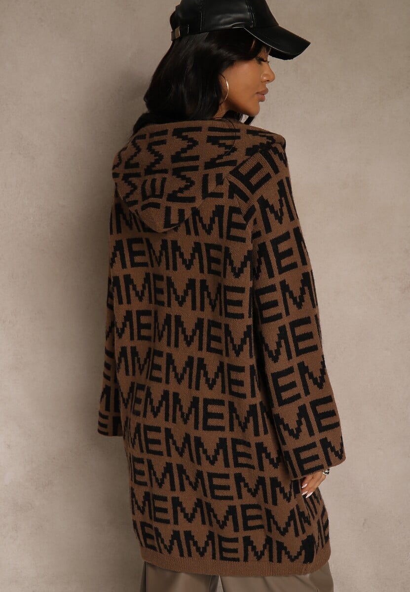 Brązowo-Czarny Kardigan na Suwak z Kapturem w Literowy Wzór Calitusa 3