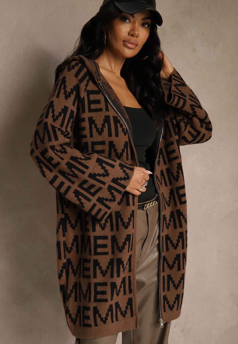 Brązowo-Czarny Kardigan na Suwak z Kapturem w Literowy Wzór Calitusa 2
