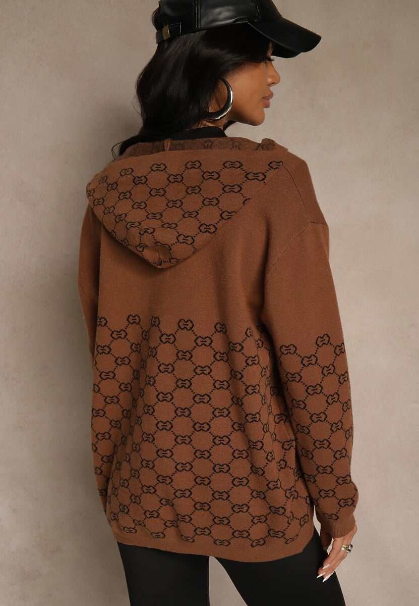 Brązowy Rozpinany Kardigan z Kapturem z Geometrycznym Wzorem Neratusa 3