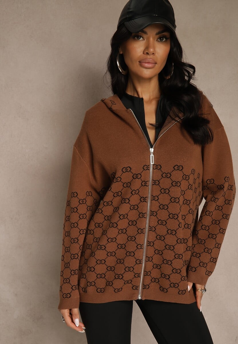 Brązowy Rozpinany Kardigan z Kapturem z Geometrycznym Wzorem Neratusa 1