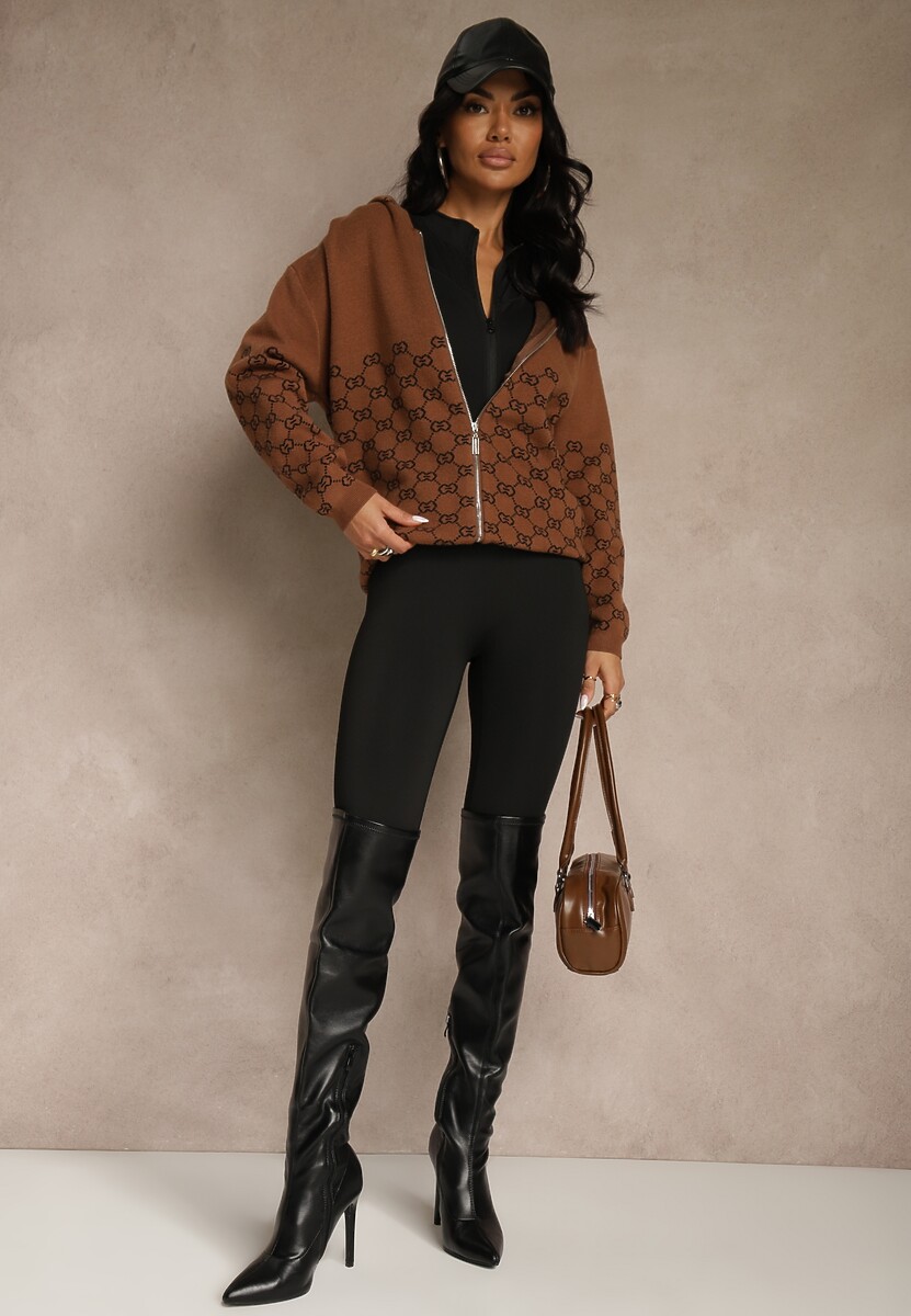 Brązowy Rozpinany Kardigan z Kapturem z Geometrycznym Wzorem Neratusa 2