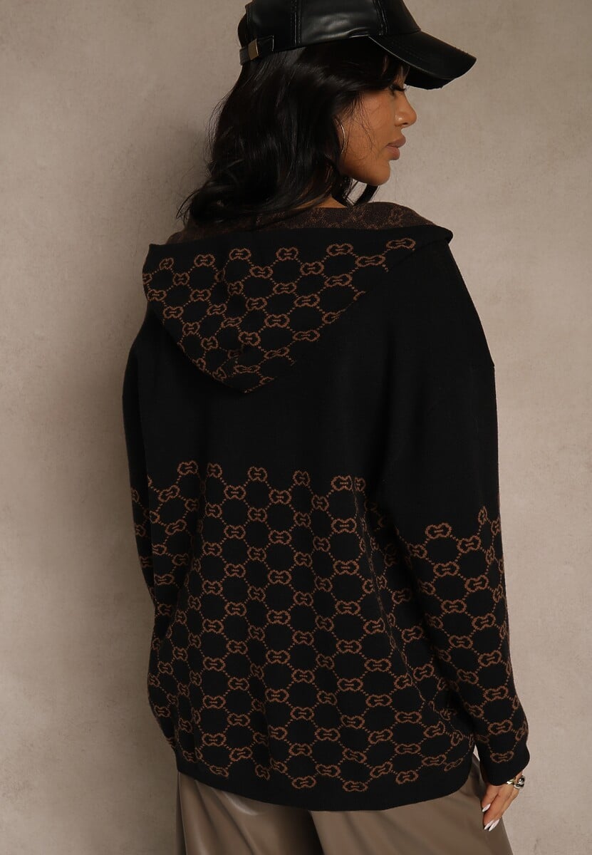 Czarny Rozpinany Kardigan z Kapturem z Geometrycznym Wzorem Neratusa 3