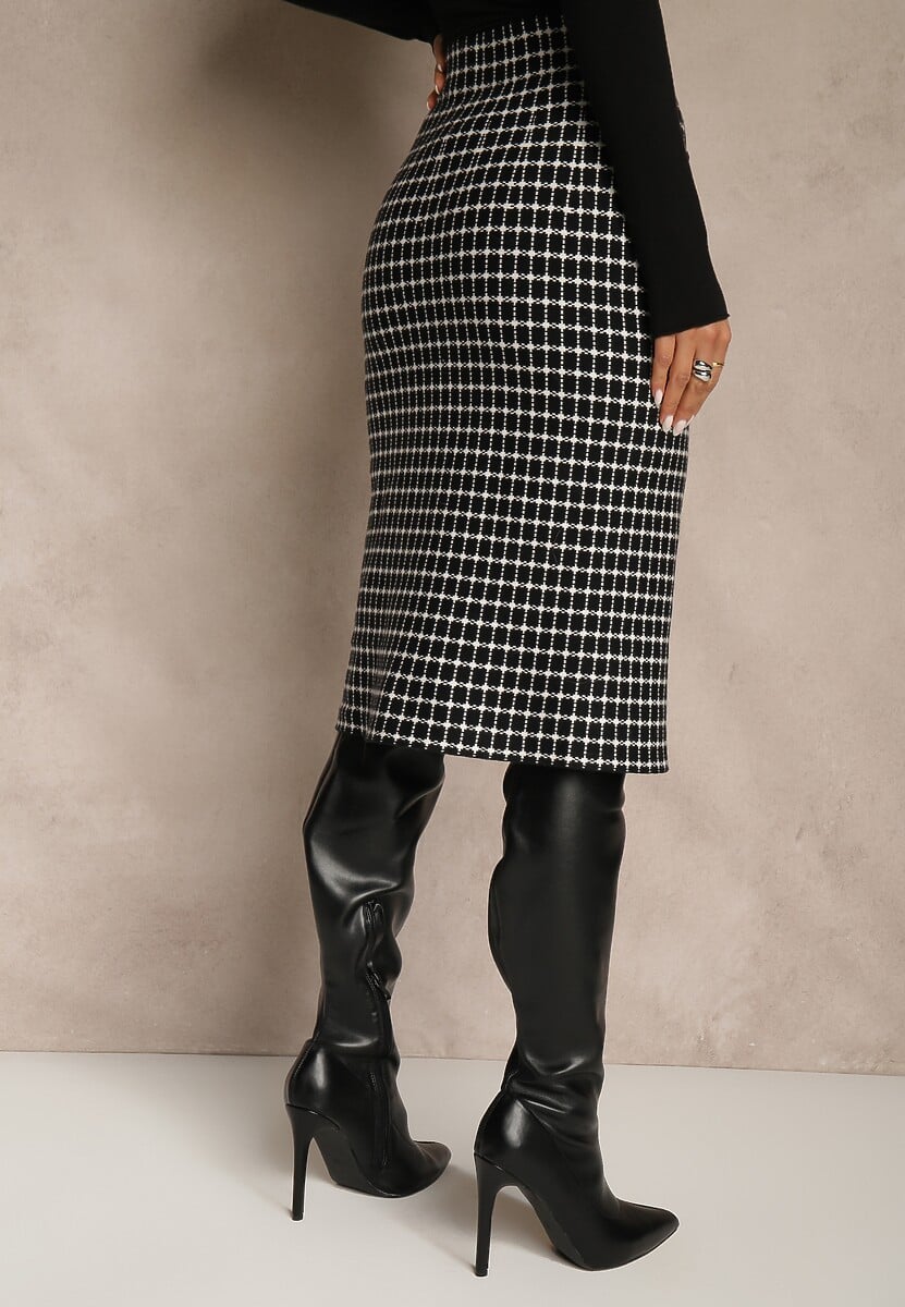 Czarno-Biała Tweedowa Spódnica Ołówkowa w Kratę z Guzikami Aretusa 3