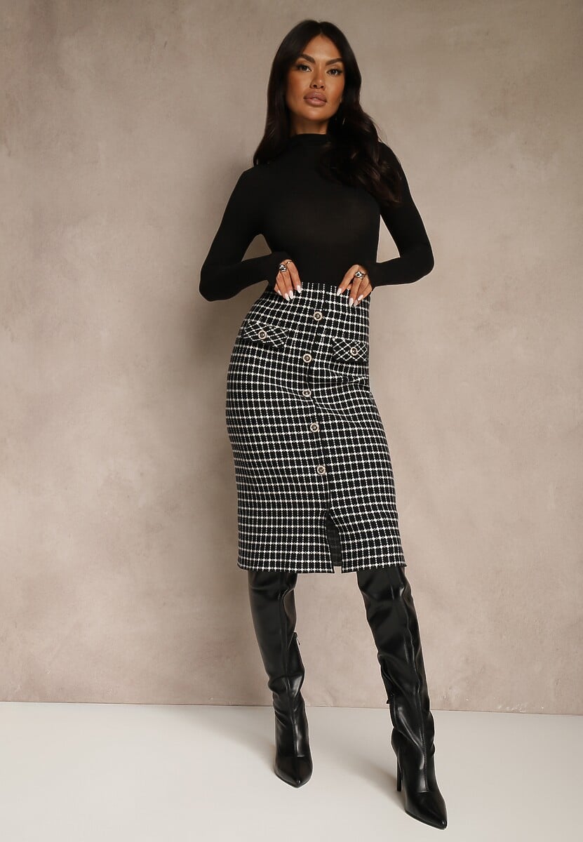 Czarno-Biała Tweedowa Spódnica Ołówkowa w Kratę z Guzikami Aretusa 2