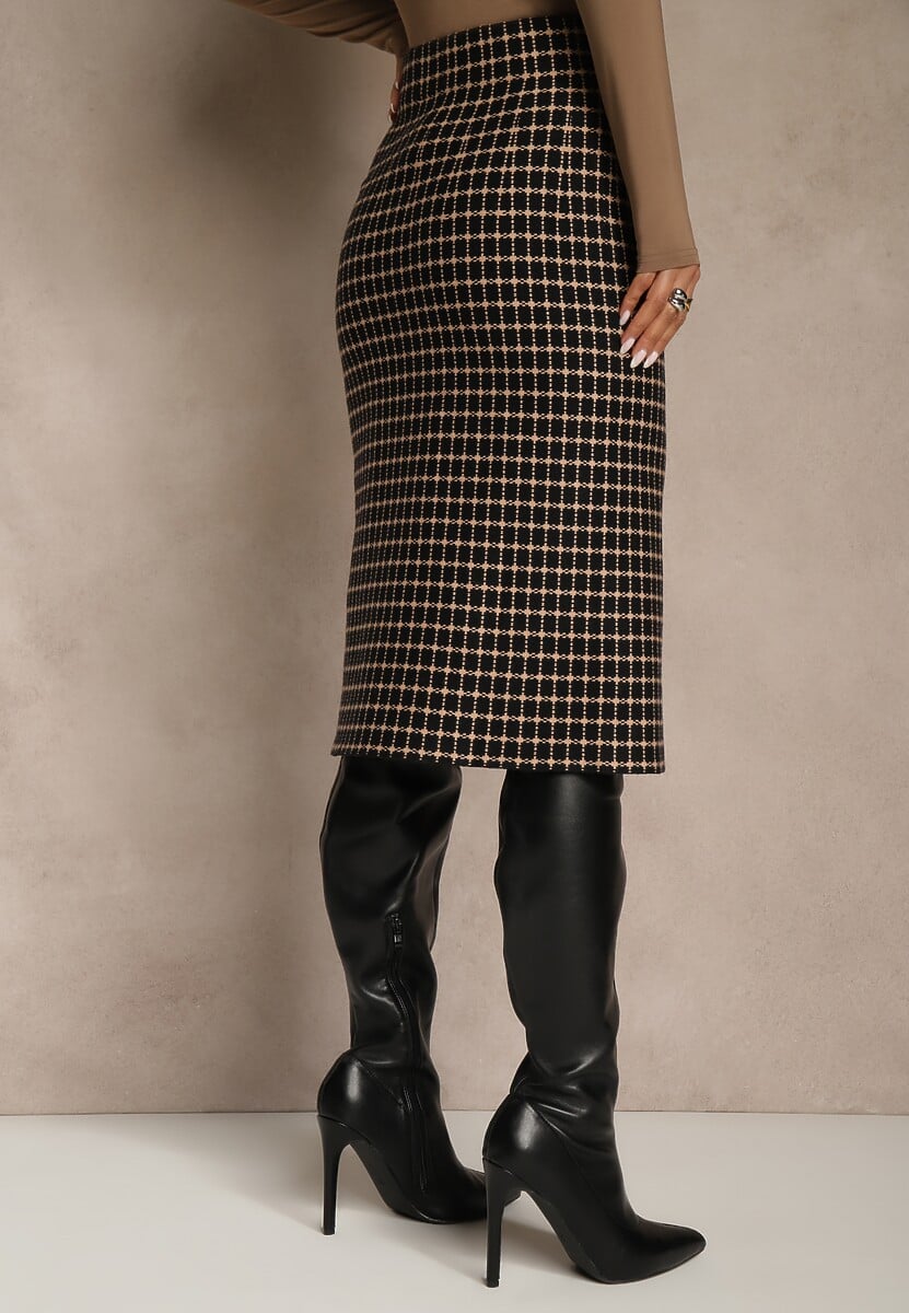 Czarno-Beżowa Tweedowa Spódnica Ołówkowa w Kratę z Guzikami Aretusa 3