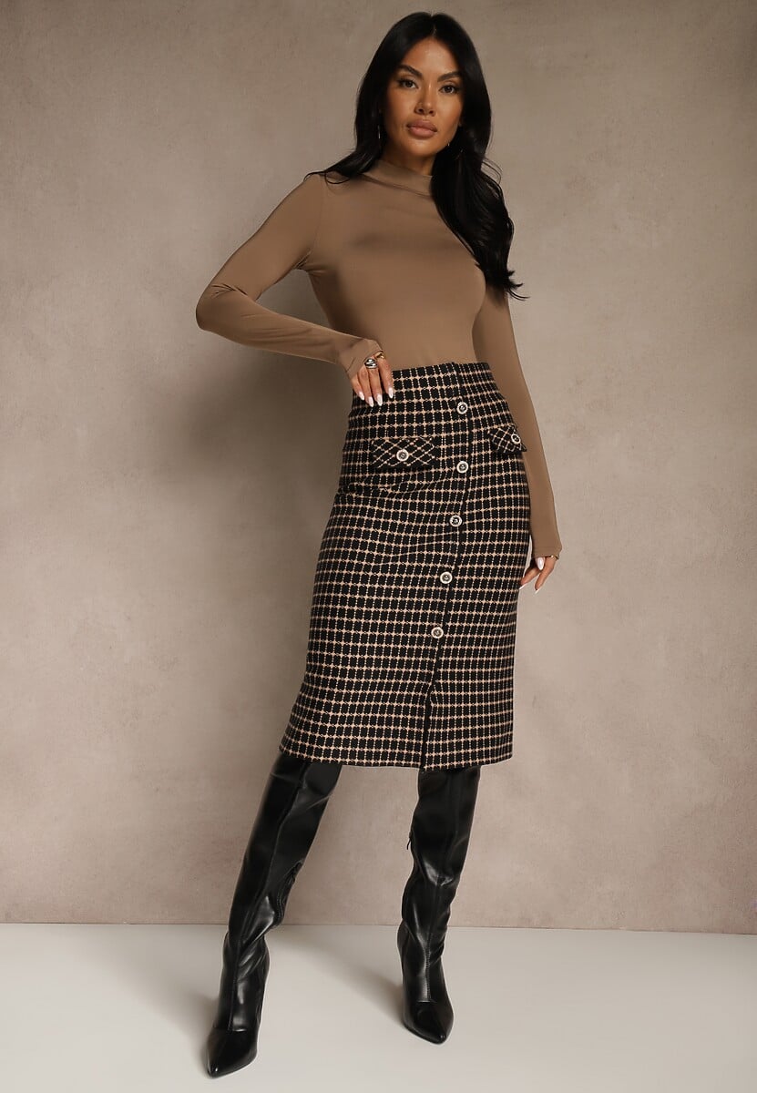 Czarno-Beżowa Tweedowa Spódnica Ołówkowa w Kratę z Guzikami Aretusa 1