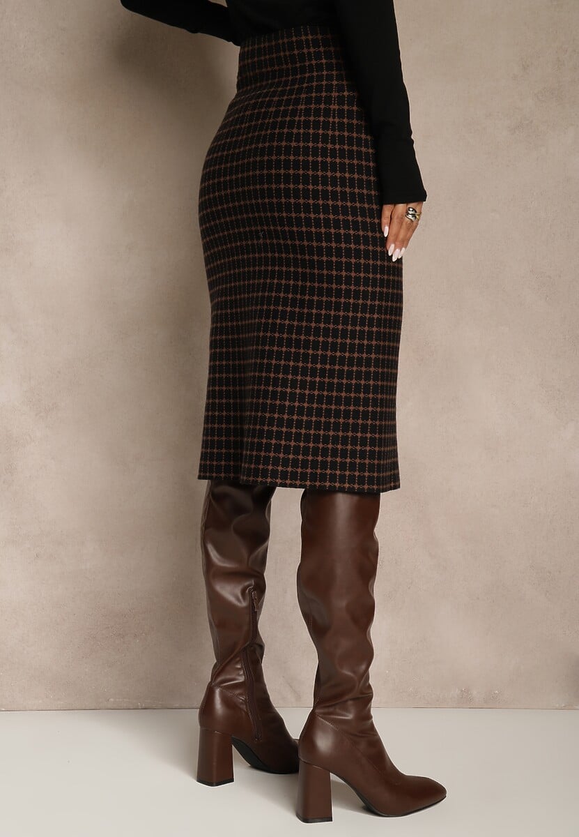 Czarna Tweedowa Spódnica Ołówkowa w Kratę z Guzikami Aretusa 3