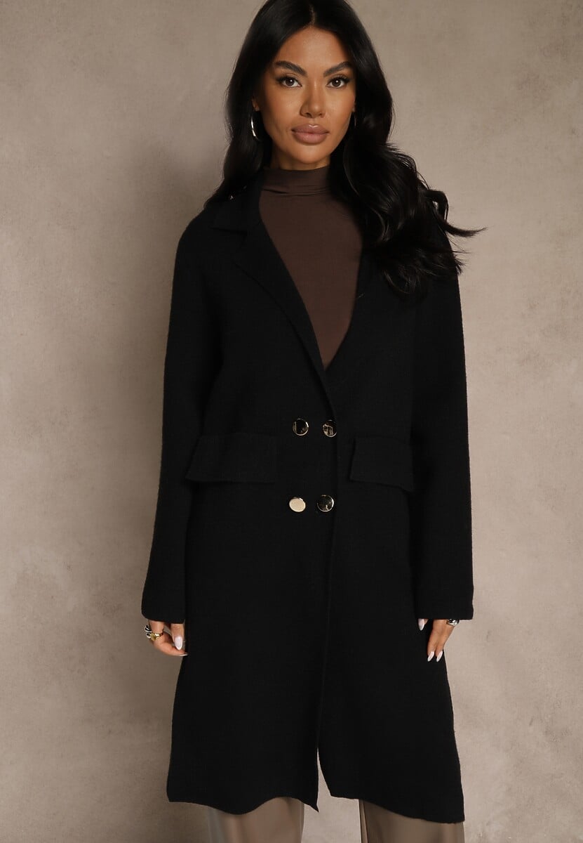 Czarny Płaszcz Dwurzędowy o Długim Kroju w Eleganckim Stylu Saratusa 1