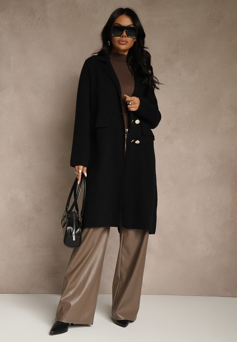 Czarny Płaszcz Dwurzędowy o Długim Kroju w Eleganckim Stylu Saratusa 2