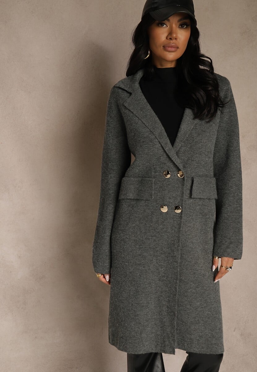 Szary Płaszcz Dwurzędowy o Długim Kroju w Eleganckim Stylu Saratusa 1