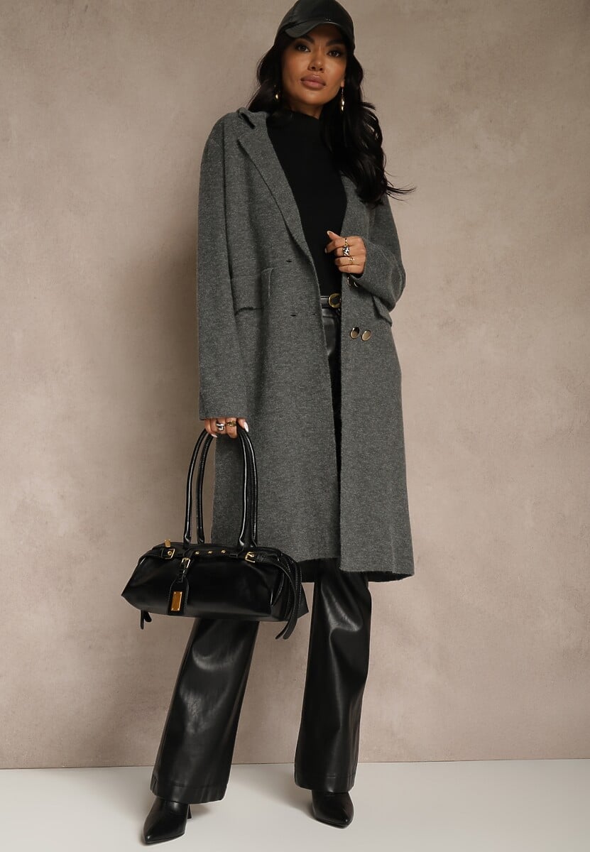 Szary Płaszcz Dwurzędowy o Długim Kroju w Eleganckim Stylu Saratusa 2