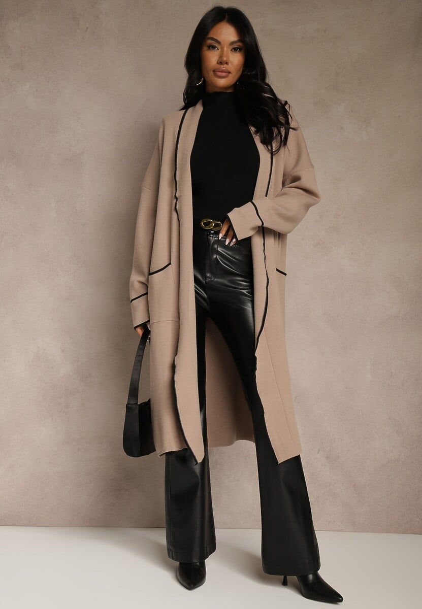 Beżowy Niezapinany Kardigan o Długim Kroju z Lamówką Venisse 3