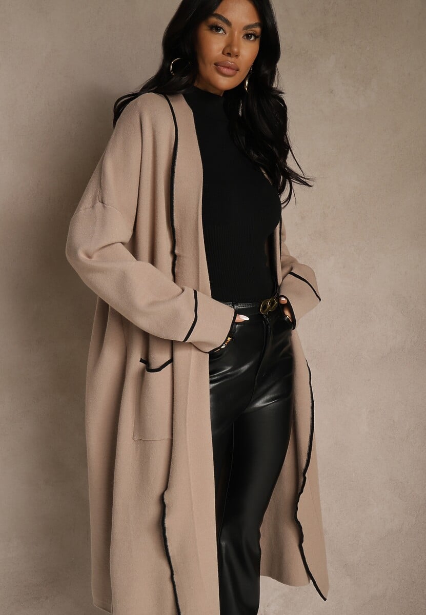 Beżowy Niezapinany Kardigan o Długim Kroju z Lamówką Venisse 1