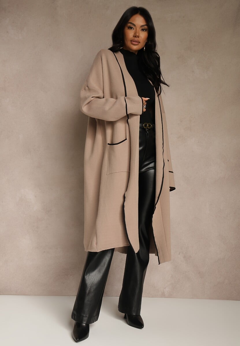 Beżowy Niezapinany Kardigan o Długim Kroju z Lamówką Venisse 2