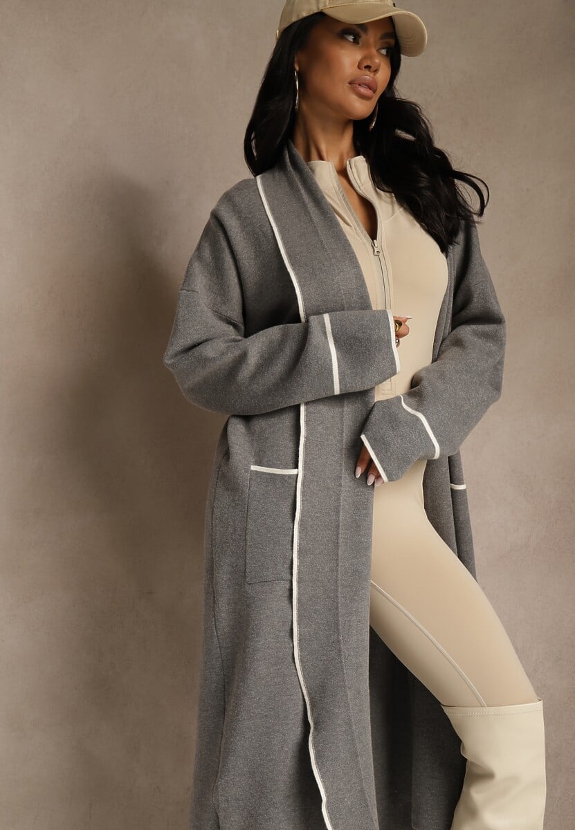 Szary Niezapinany Kardigan o Długim Kroju z Lamówką Venisse 2