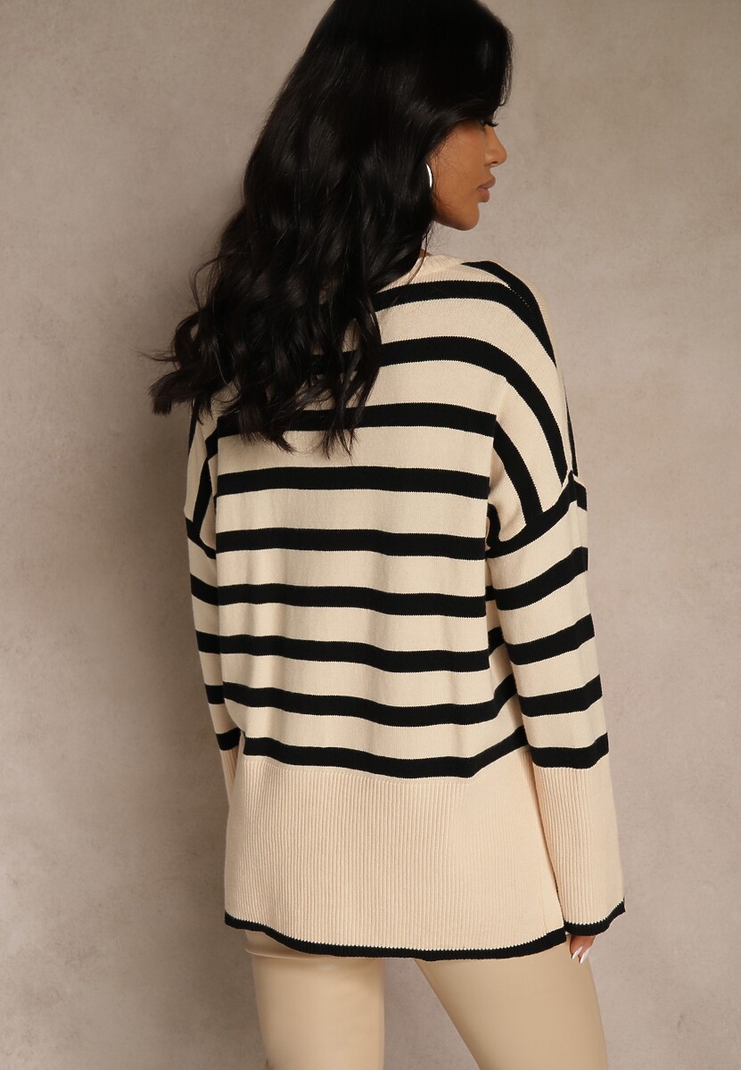 Kremowo-Czarny Sweter Oversize w Paski Kalitusa 3