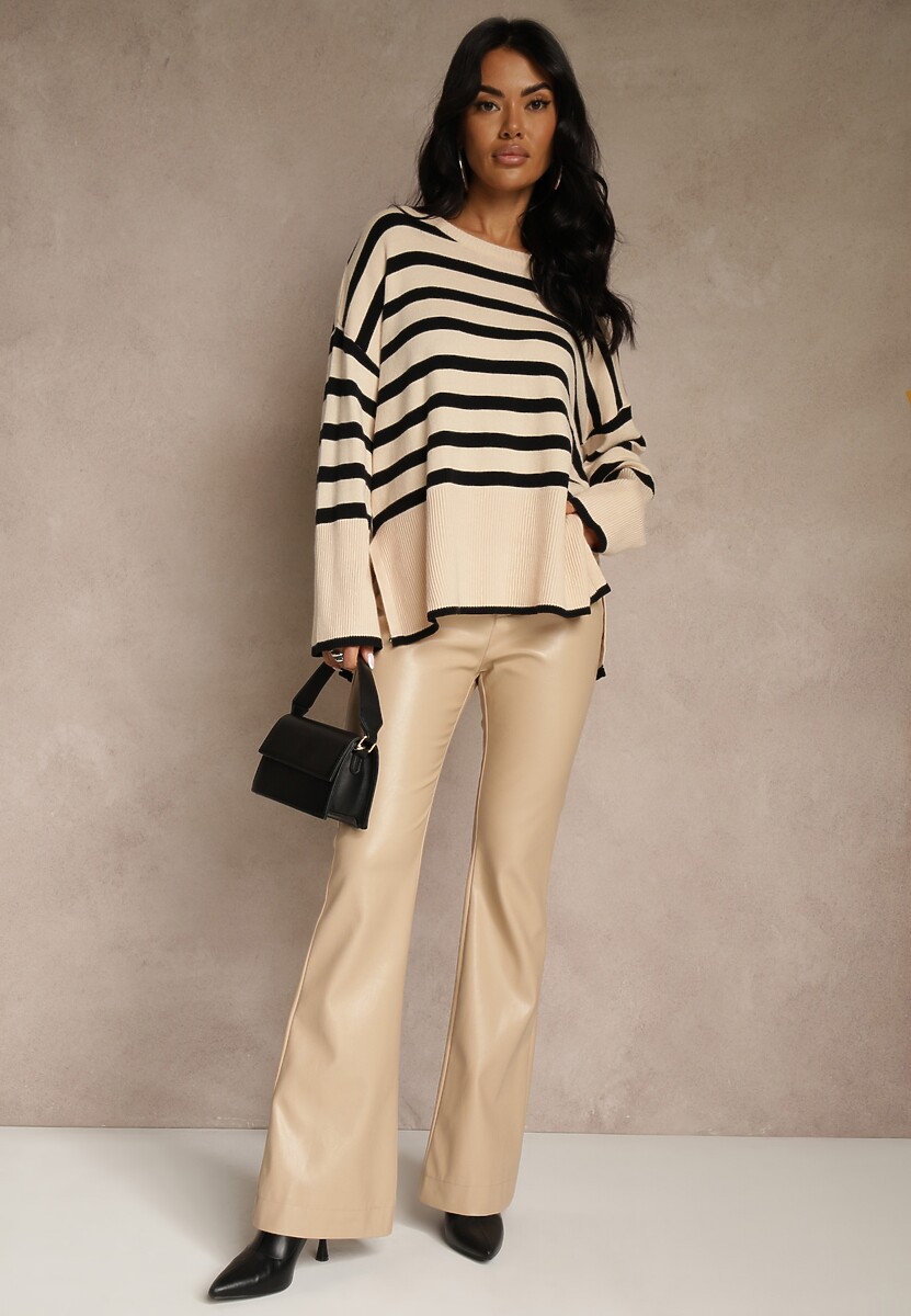 Kremowo-Czarny Sweter Oversize w Paski Kalitusa 2