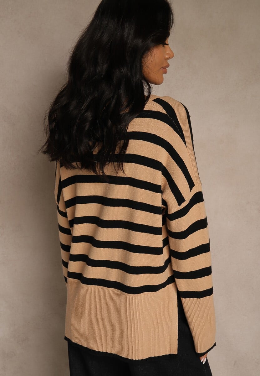 Beżowo-Czarny Sweter Oversize w Paski Kalitusa 3