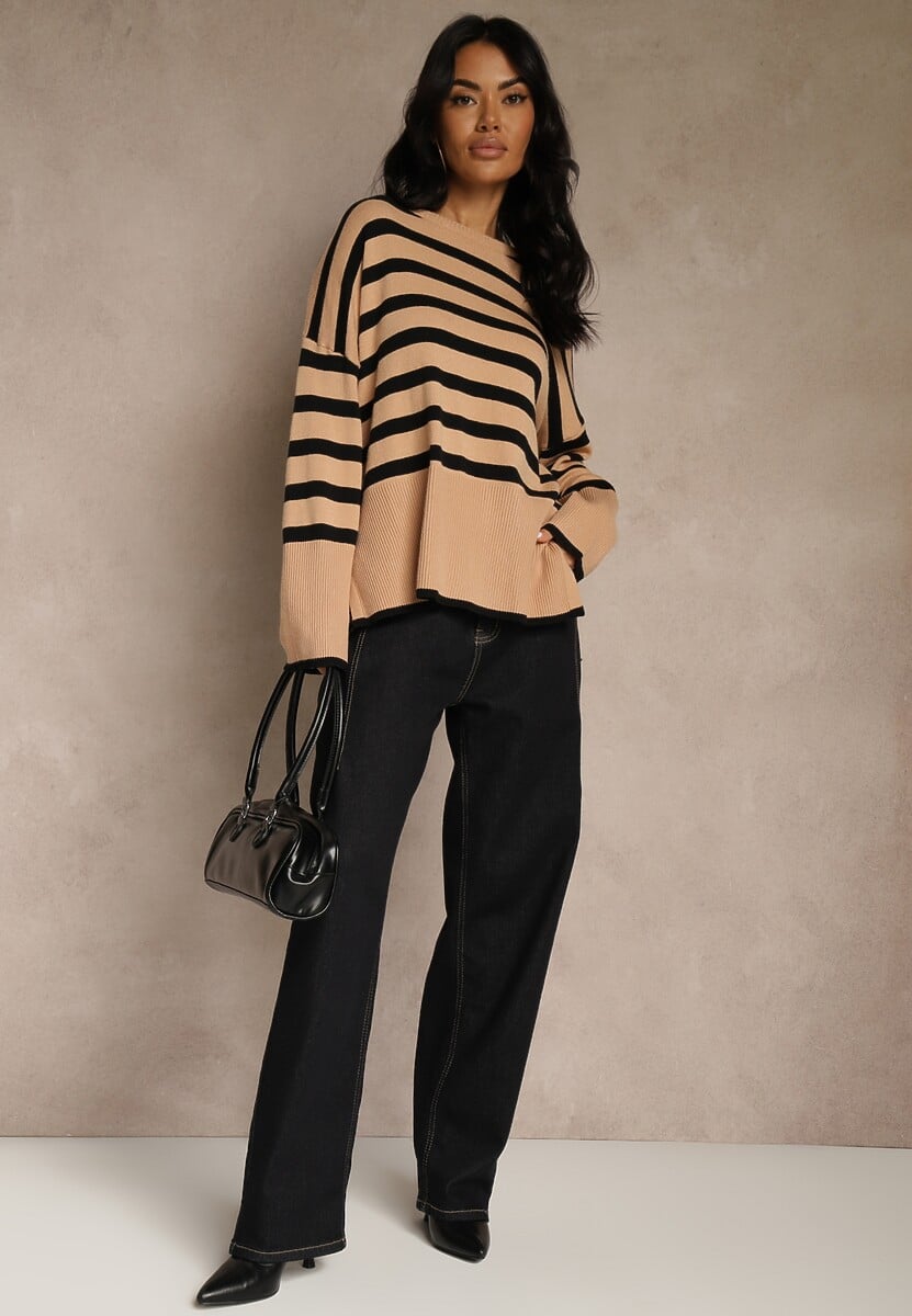 Beżowo-Czarny Sweter Oversize w Paski Kalitusa 2