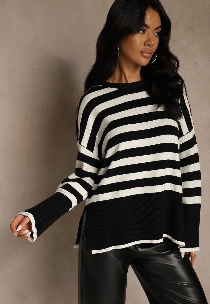 Czarno-Biały Sweter Oversize w Paski Kalitusa 1