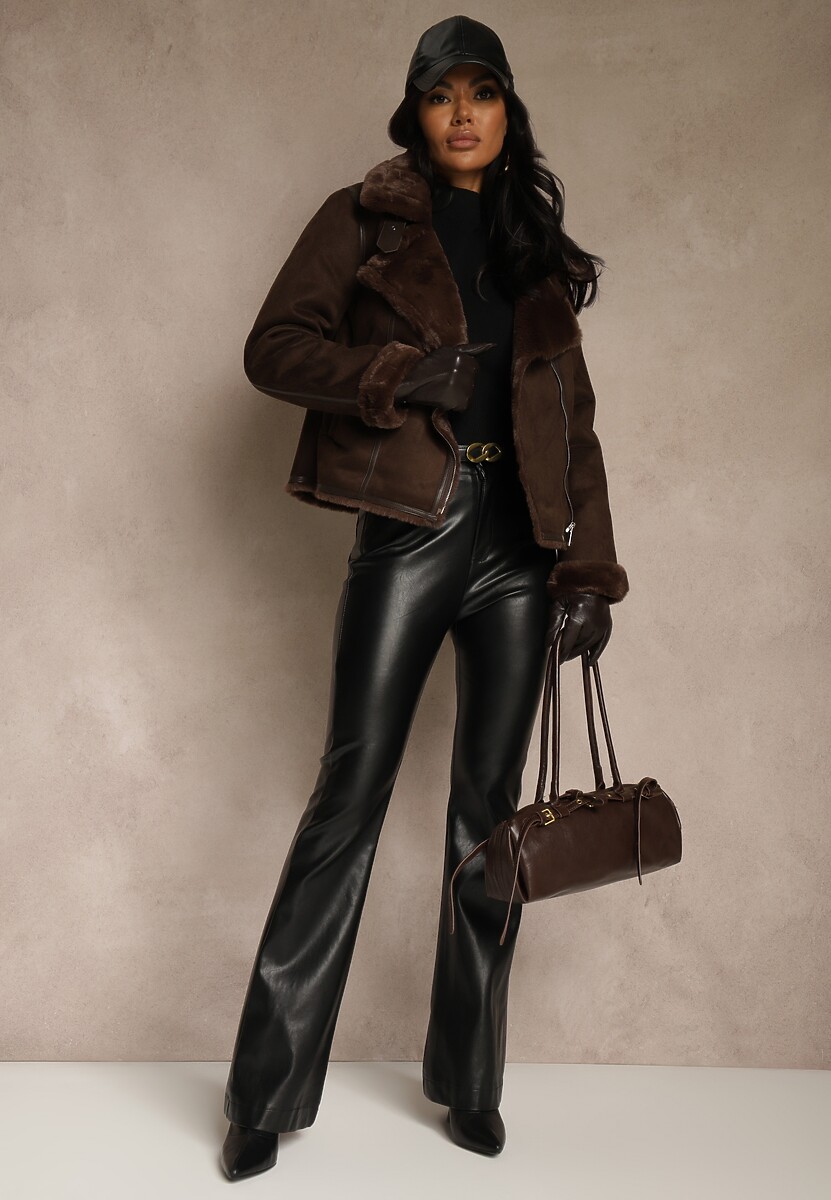 Brązowa Kurtka Biker z Imitacji Zamszu Zdobiona Futerkiem Awedora 2