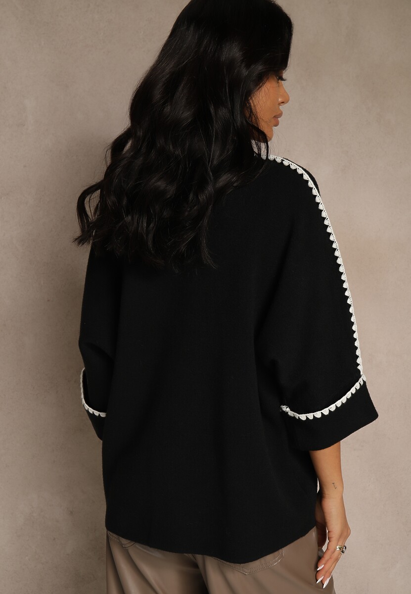 Czarny Sweter Ozdobiony Lamówką na Rękawach Tusenna 3