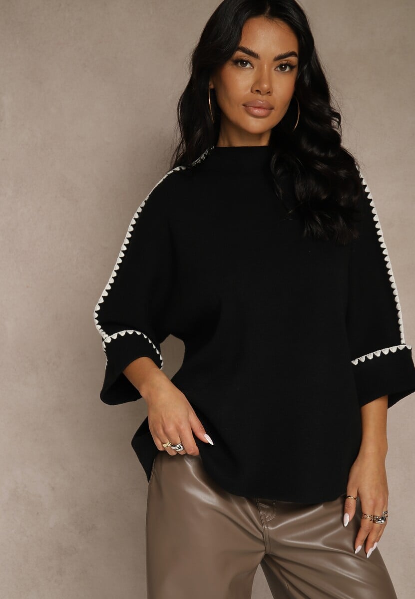 Czarny Sweter Ozdobiony Lamówką na Rękawach Tusenna 1