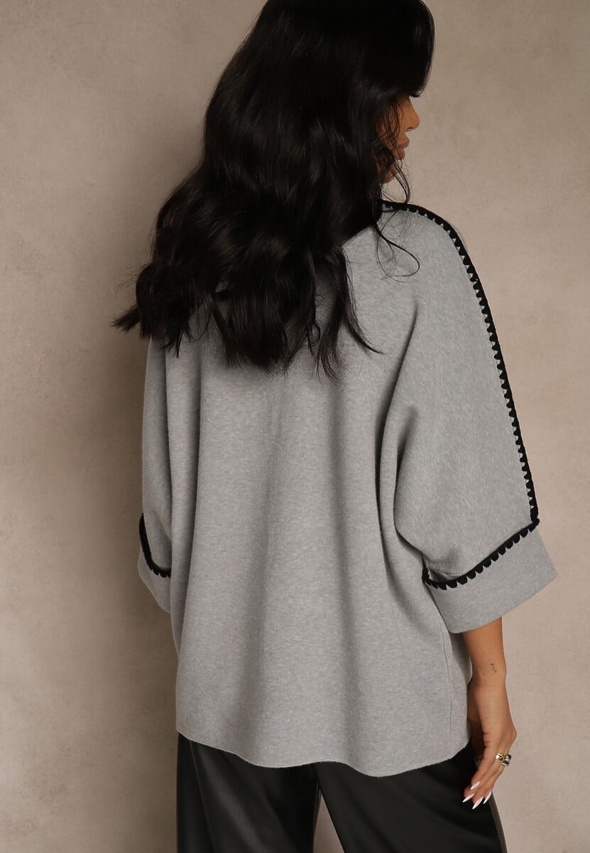 Szary Sweter Ozdobiony Lamówką na Rękawach Tusenna 3