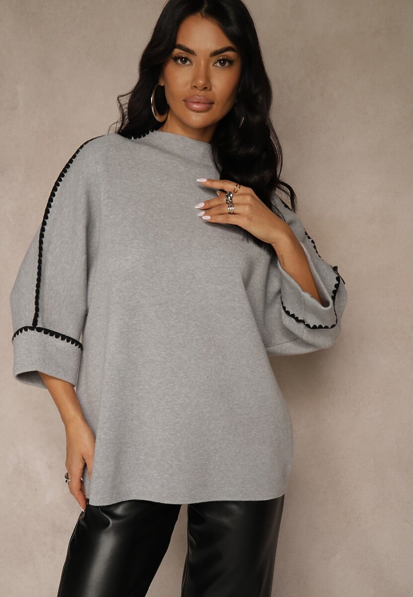 Szary Sweter Ozdobiony Lamówką na Rękawach Tusenna 1