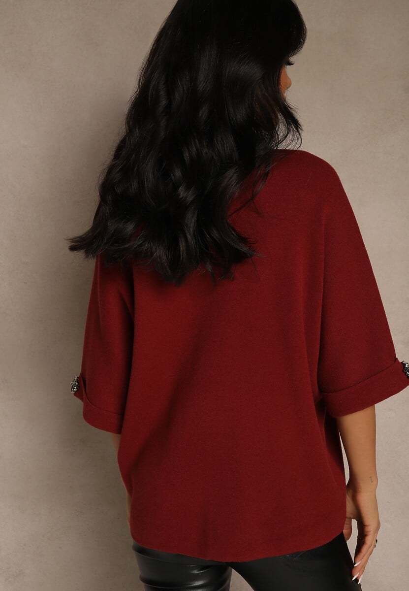 Bordowy Sweter z Cyrkoniami przy Rękawach Corentusa 3