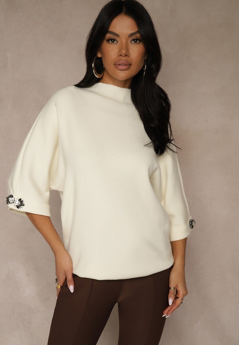 Jasnobeżowy Sweter z Cyrkoniami przy Rękawach Corentusa 1