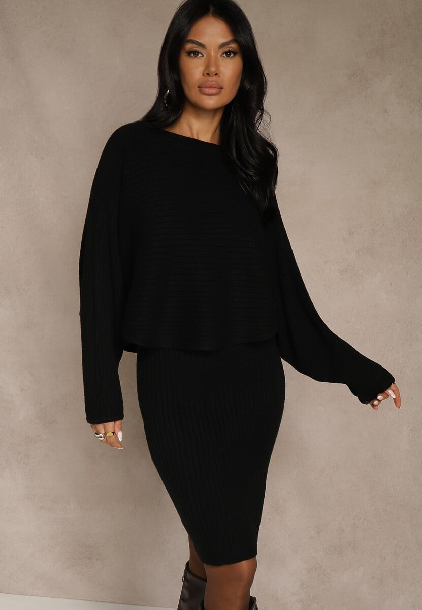 Czarny Prążkowany Komplet z Dzianiny Sukienka Bodycon i Sweter Nietoperz Wediana 1