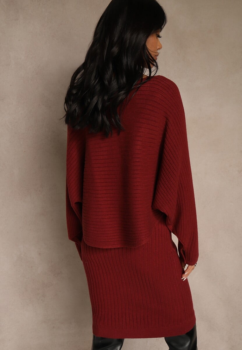 Bordowy Prążkowany Komplet z Dzianiny Sukienka Bodycon i Sweter Nietoperz Wediana 3