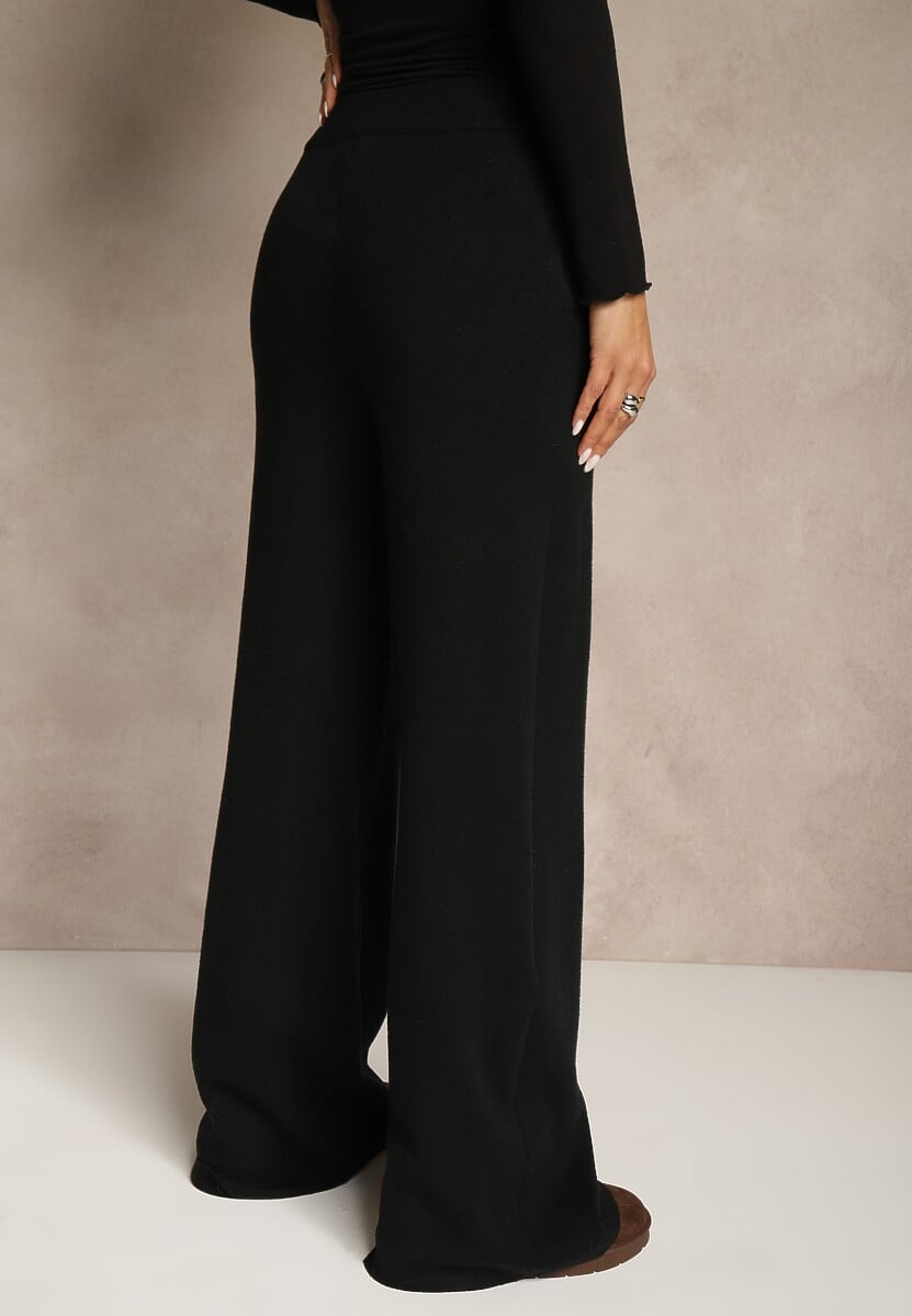 Czarne Szerokie Spodnie Dzianinowe Ozdobione Sznurkami Meretusa 3