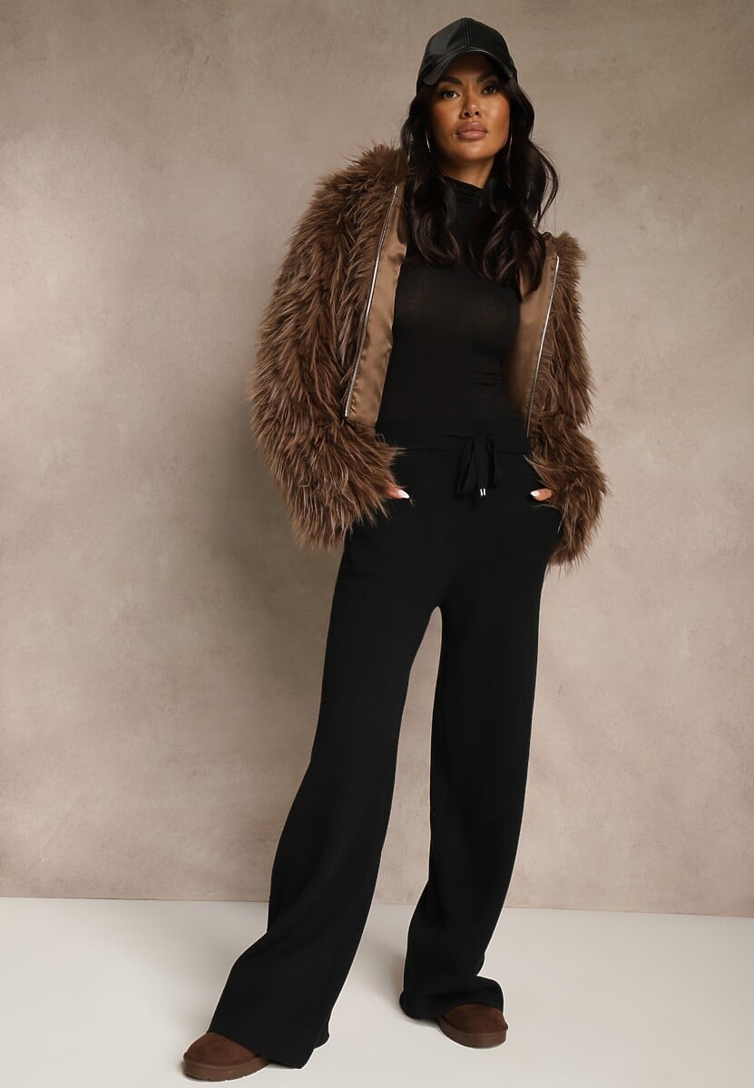 Czarne Szerokie Spodnie Dzianinowe Ozdobione Sznurkami Meretusa 1